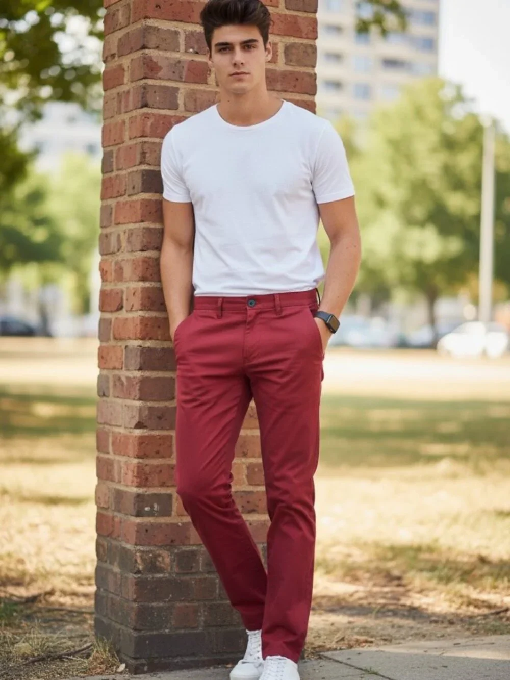 PT Torino Chino Pants Cotton Red Brown Waist 30 Superslim Fit Stretch Flat Front